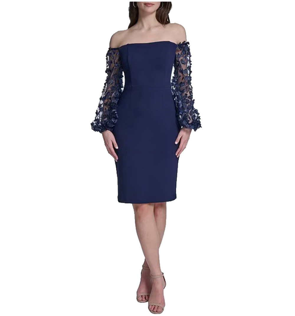 Eliza J Dress Womens 12 NEW Navy Blue Off The Shoulder Floral Applique Party